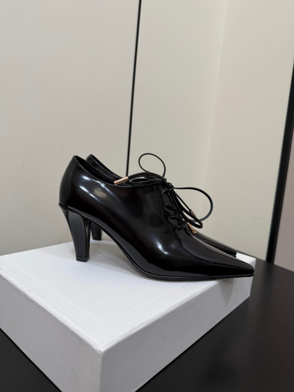 CE 26s Lace Up Pointed Toe Pumps Patent Calfskin
