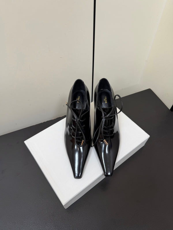 CE 26s Lace Up Pointed Toe Pumps Patent Calfskin