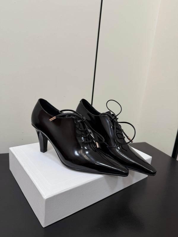 CE 26s Lace Up Pointed Toe Pumps Patent Calfskin