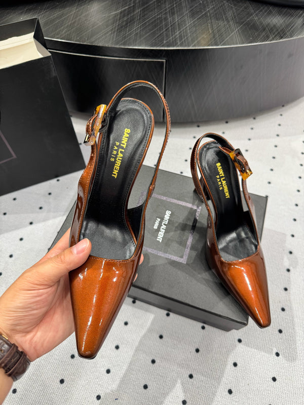 YSL 26S Slingback Heels 10.5cm Buckle Closure Glossy Calfskin