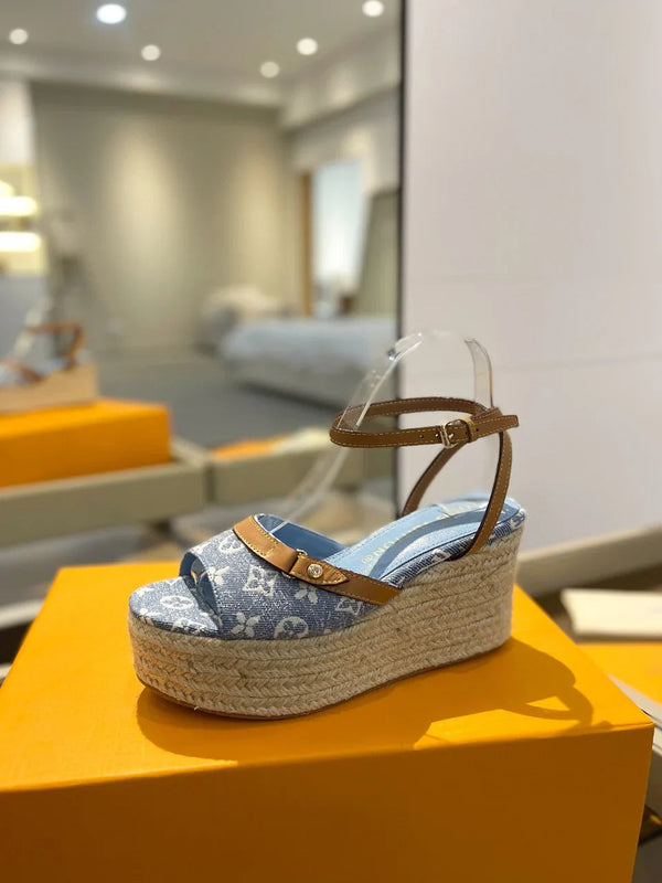 Louis Vuitton Helios Wedge Sandals Blue Canvas Cowhide 687329