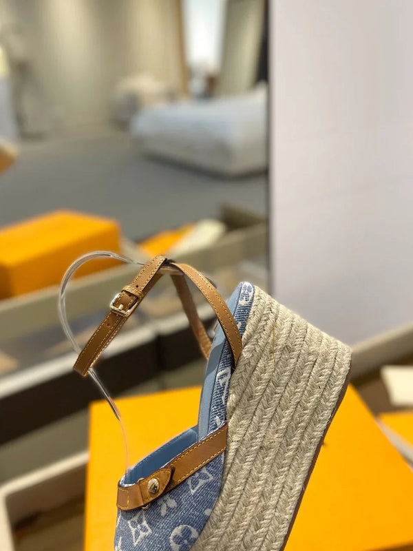 Louis Vuitton Helios Wedge Sandals Blue Canvas Cowhide 687329
