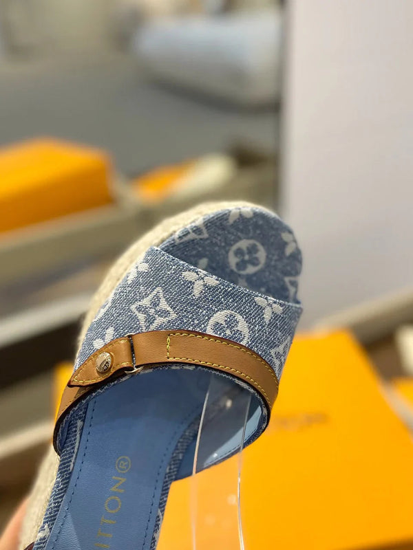 Louis Vuitton Helios Wedge Sandals Blue Canvas Cowhide 687329