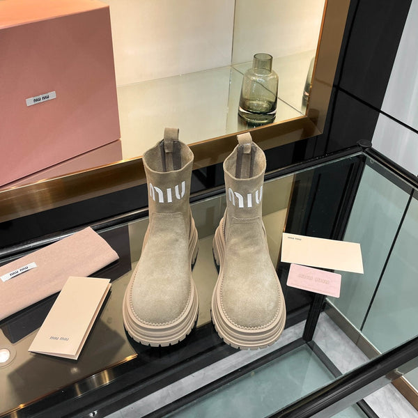 Miu 26s Logo Chunky Ankle Boots Suede