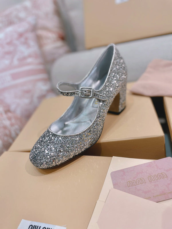 Miu 2026 Round-Toe Pumps 65mm Patent Leather Glitter 15550