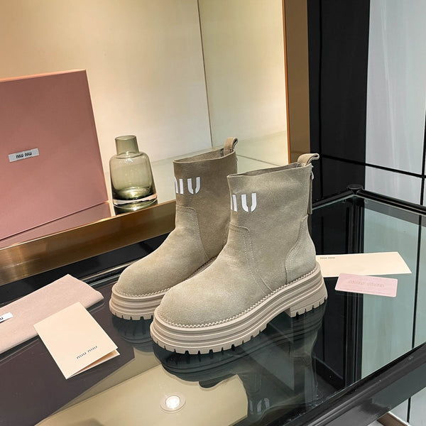 Miu 26s Logo Chunky Ankle Boots Suede