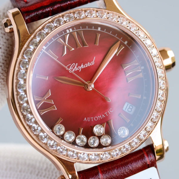 HAPPY SPORT 36MM ROSE GOLD DIAMOND BEZEL RED DIAL