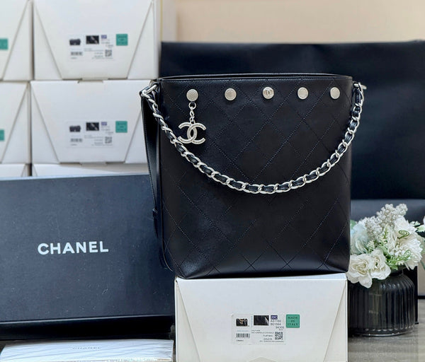 CC 25P Rivet Bucket Bag Silver Hardware in Black Polished Lambskin