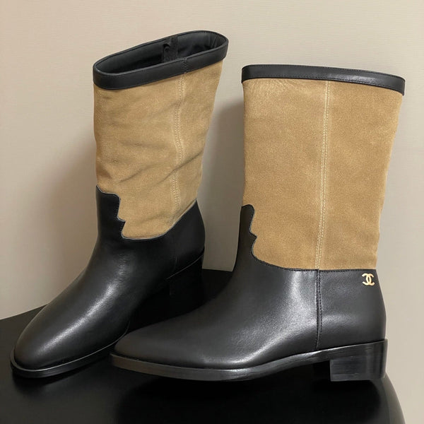 Chanel Boot 25 Beige mix Black Cowhide Suede 175368
