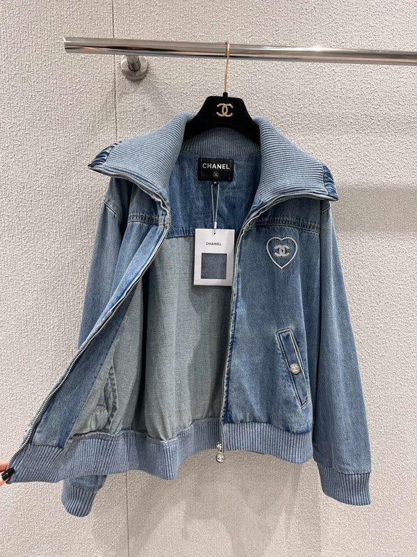 CC 25M Embroidered Lapel Denim Jacket Blue Cotton