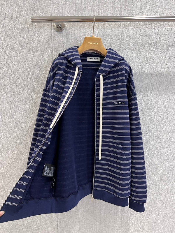 Miumiu 25FW Striped Zipper Hooded Sweatshirt Jacket Blue Cotton