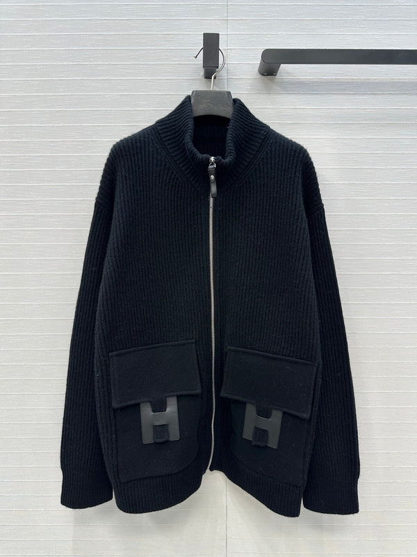 HM 25S Zipped Jacket H Leather Pockets in Black Cashmere 305011