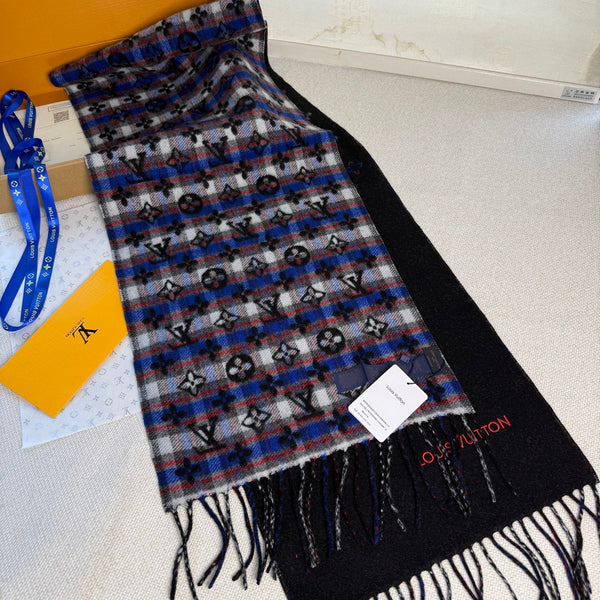 LV Double-Sided Gradient Plaid Scarf Black Wool Cashmere 839549