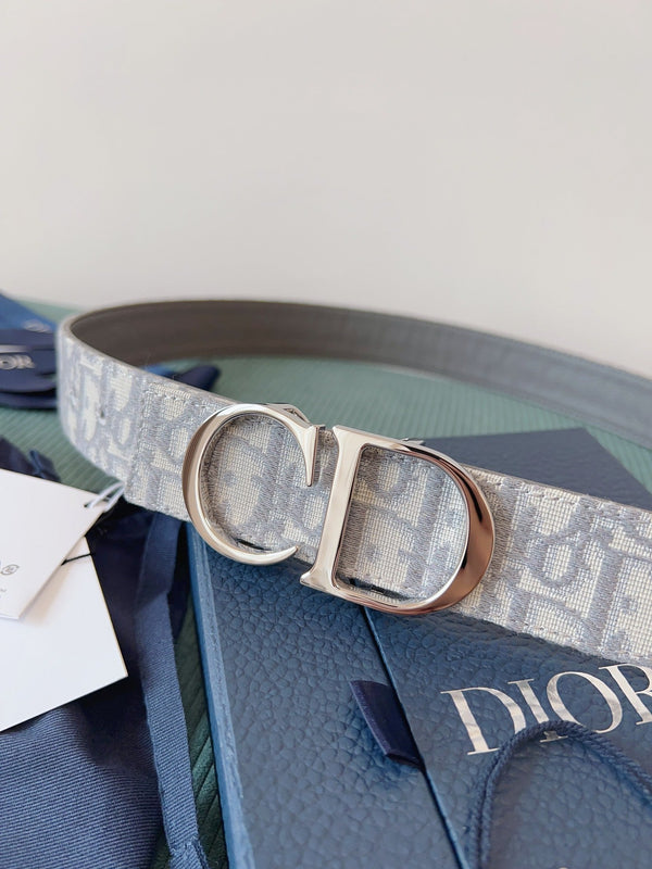 CD Belt 35mm Milkshake White Canvas Gray Calfskin Silver Buckle
