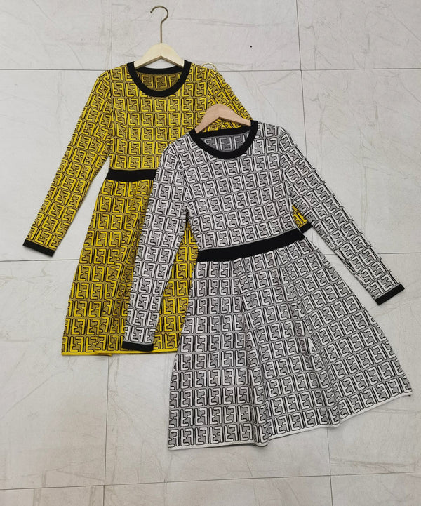 Fendi FF Logo Long Sleeve Jacquard Round Collar Gray Fabric Dress