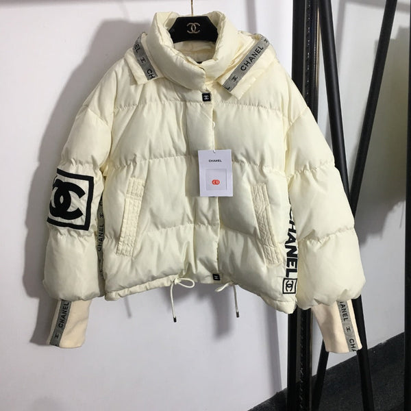 CC Logo Embroidered Letters Ribbon Stitching Long-Sleeved Hooded Cotton Jacket