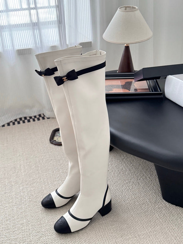 CC 25 Bowknot Stretch Boots White Sheepskin