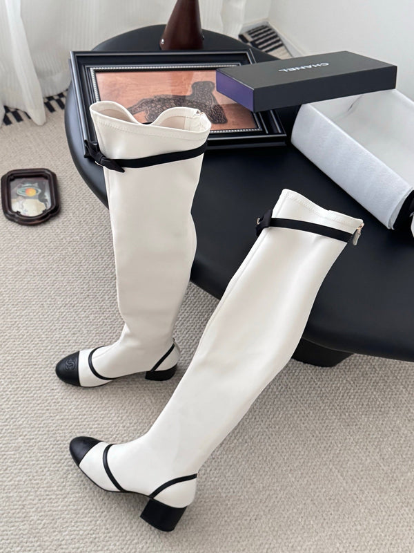 CC 25 Bowknot Stretch Boots White Sheepskin