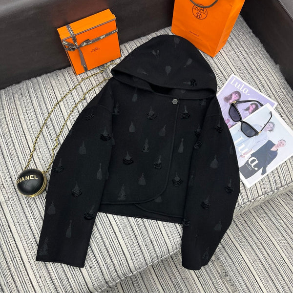 HM 25FW Hooded Double-faced Black Cashmere Short Coat