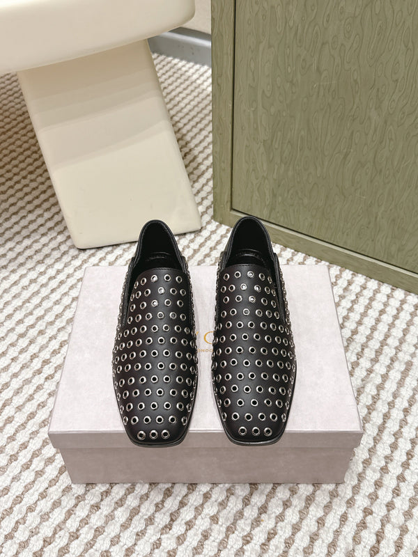 Jimmy Choo Eliot flat Slippers Metallic Eyelets Black Calfskin 568492