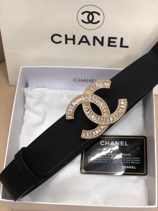 CC Classic Clasp Black Gold Buckle Calfskin Belt  614065