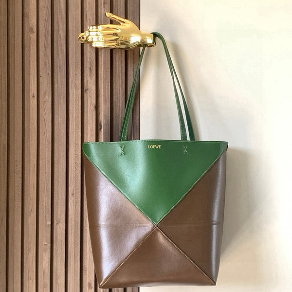 LOE 31 Medium Puzzle Fold Tote In Amber Hunter Green Glossy Cowhide 274319
