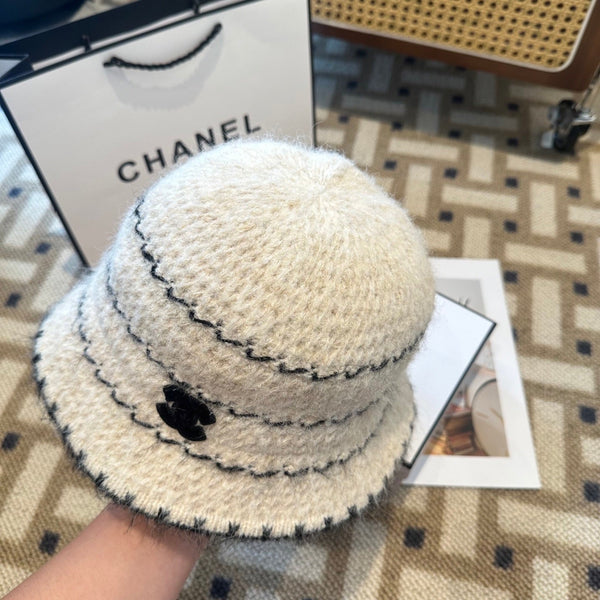 Chanel New Autumn/Winter Wool Blend Knit Bucket White Hat 960030