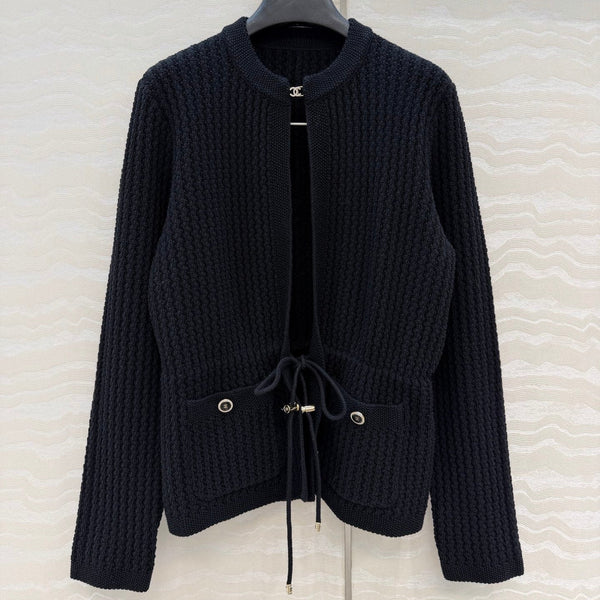 Chanel 26c Rhinestone Buckle Belt Cardigan Black Wool 333722