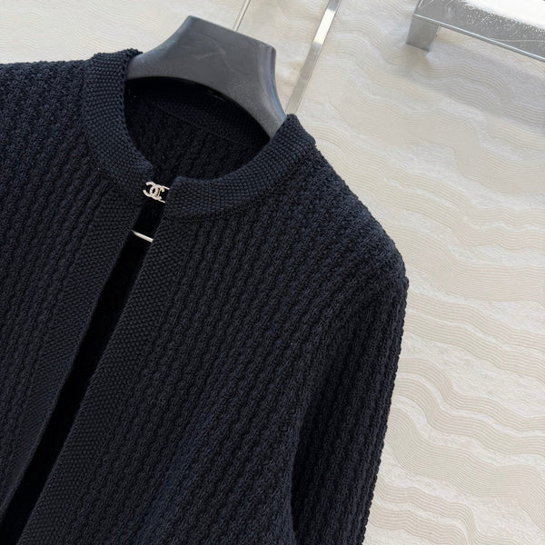 Chanel 26c Rhinestone Buckle Belt Cardigan Black Wool 333722