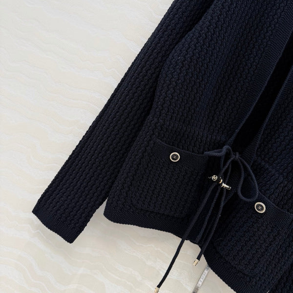 Chanel 26c Rhinestone Buckle Belt Cardigan Black Wool 333722