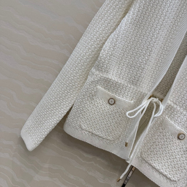 Chanel 26c Rhinestone Buckle Belt Cardigan White Wool 333715