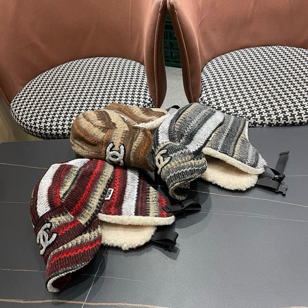 Chanel Winter Earflap Reddish Brown Fleece Hat 980018