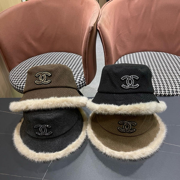 Chanel Korean Style Bucket Hat Khaki Plush Fleece 979919