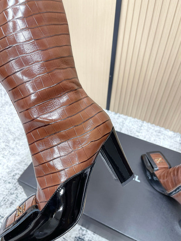 Chanel Croc-Embossed Square-Toe Dark Brown High Boots in Cowhide 591399