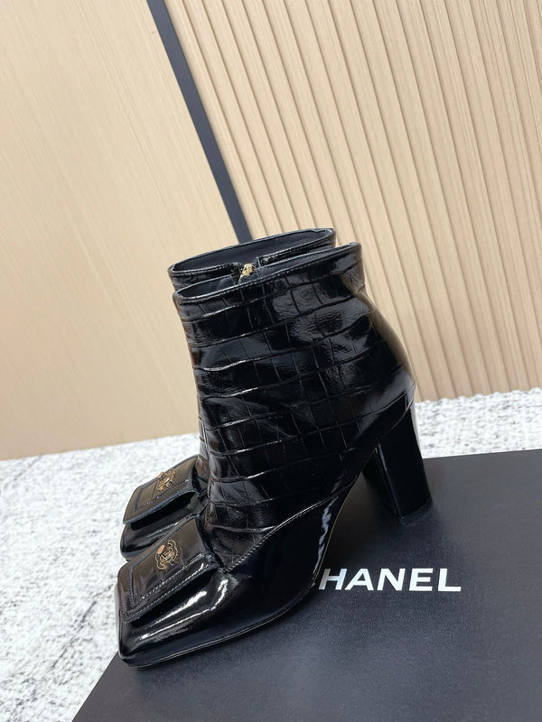 Chanel Croc-Embossed Square-Toe Black Ankle Boots in Cowhide 591400