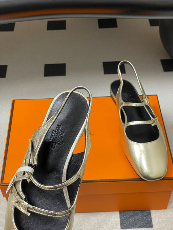 Hermes 26S Mila Open-Heel Sandals Gold in Calfskin 594343