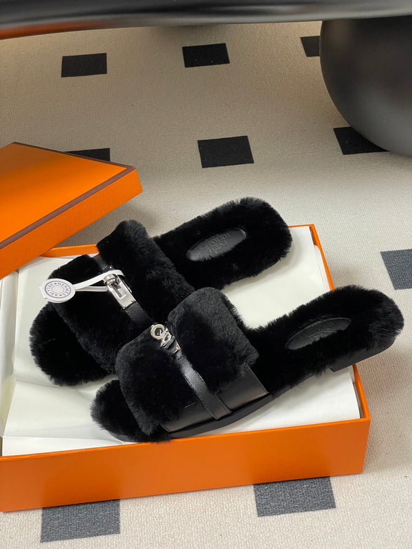 Hermes Giulia Kelly Buckle H-Slippers Black in Wool 594329