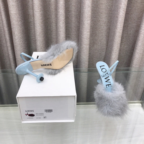 Loewe 25SS Fur-lined Mule 100 Blue in Fox Fur 597444