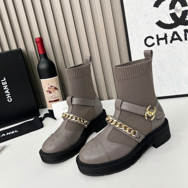 Chanel Chain Sock Ankle Boots Taupe Wool Flyknit 597919