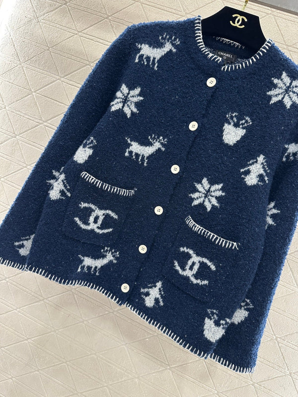 Chanel 26 Jacquard Knit Cardigan Blue in Wool Yarn 801433