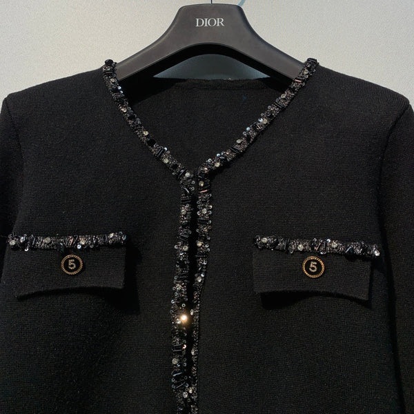 Chanel 26 Beaded Stylish Button Cardigan Black in Wool 800686