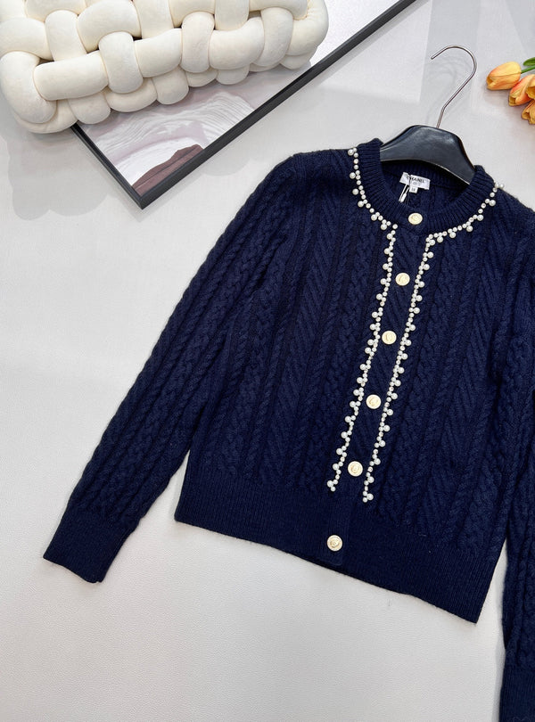 Chanel Cable Knit Crew Neck Cardigan Navy Blue in Wool 799529