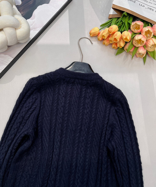 Chanel Cable Knit Crew Neck Cardigan Navy Blue in Wool 799529