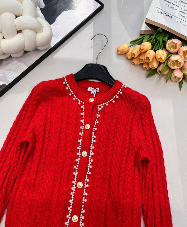 Chanel Cable Knit Crew Neck Cardigan Red in Wool 799524
