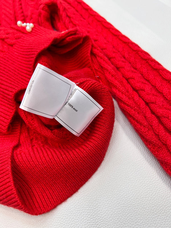 Chanel Cable Knit Crew Neck Cardigan Red in Wool 799524