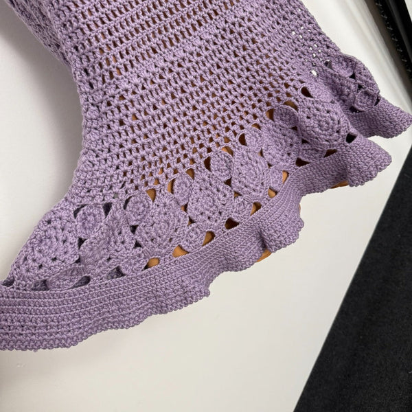 Chanel Hollow-out Knit Flared Long-Sleeve Purple Dress Cashmere20254806