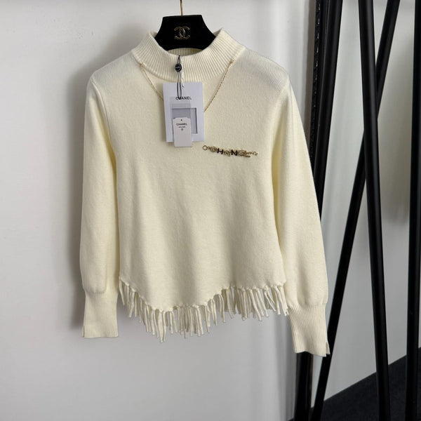 Chanel Metal Logo Lettering Pearl Gold Necklace Tassel Long-Sleeve Knit Top
