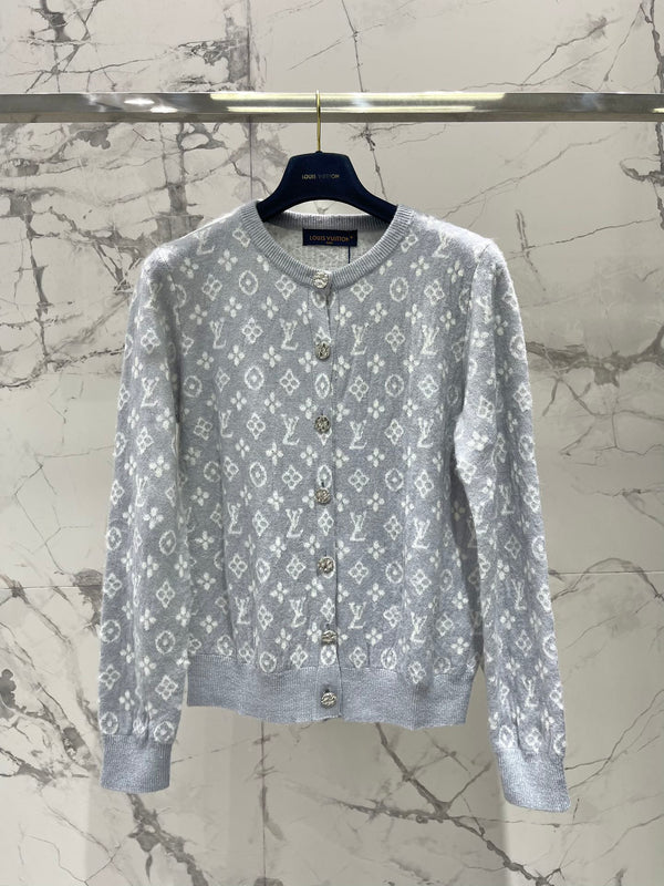 LV Monogram Jacquard All-over Print Gray Cardigan with Monogram Pattern