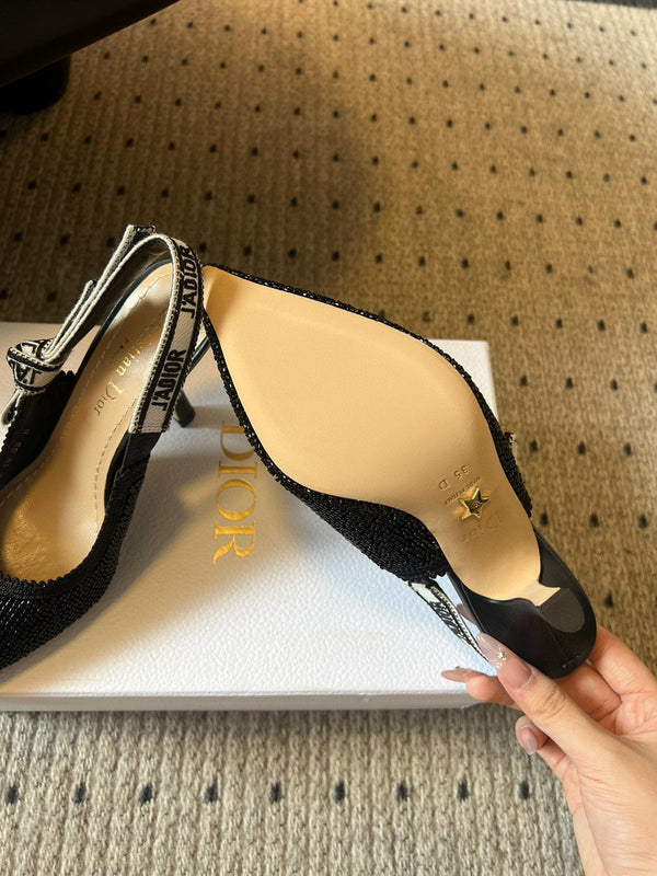 CD J'Adior Slingback heels 95 Black in Cotton with Metallic Thread Embroidery 598134