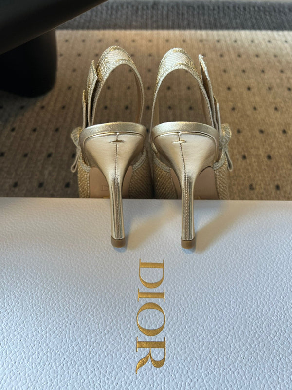 CD J'Adior Slingback heels 95 Beige in Cotton with Metallic Thread Embroidery 598131